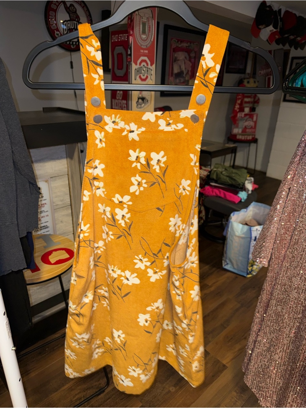 Listicle Mustard Floral Overall Dress Small Boho Cottagecore Pinafore Fall